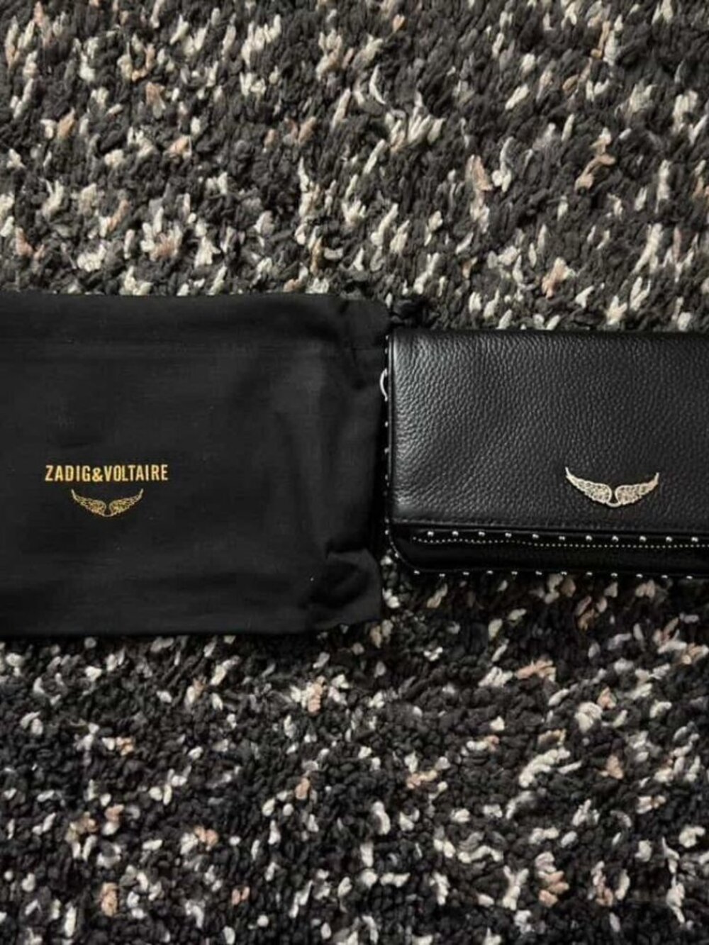 Zadig & Voltaire Rock Wallet Black Grained Leather Studs w/ Dustbag